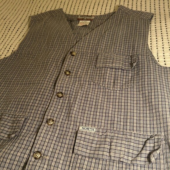 Palmetto 100% Cotton Button-Up Utility Vest – Blue Plaid Cotton - Picture 1 of 11